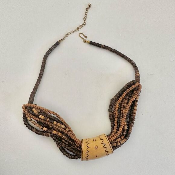 wood beaded  and bone cylinder pendant necklace - Picture 4 of 9